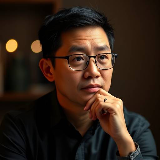 Portrait of David Chen, the Chief Technology Officer at Aurora Studios, with a thoughtful expression.